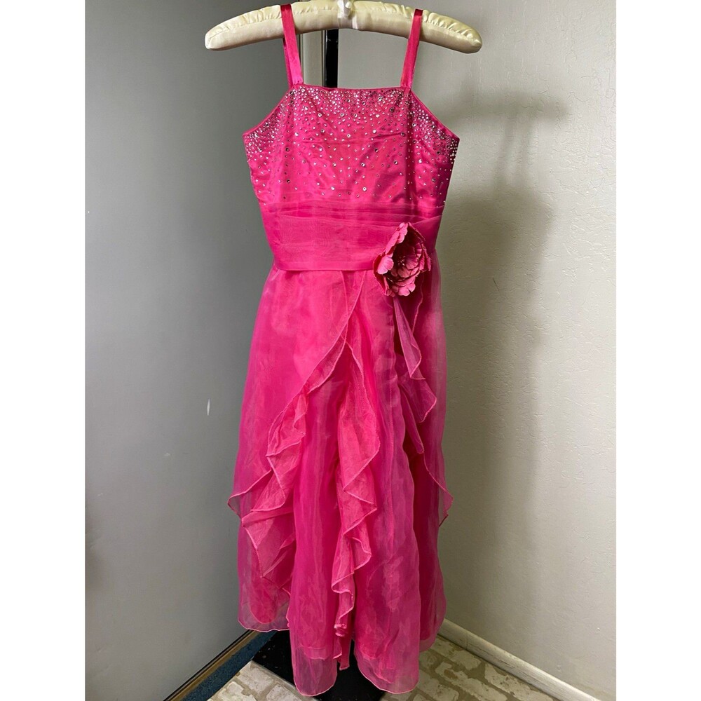 iEFIEL Girls Fuchsia Pink Rhinestone Organza Flower Dress size 10